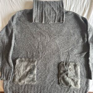 Zara Gray Turtleneck Sweater with Faux Fur Accents
